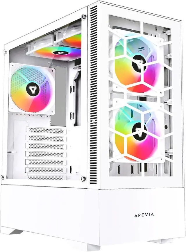 Main image of Apevia Eclipse-WH Eclipse Mid Tower Gaming PC Case w/ 5X 120mm ARGB Fans, 366 RGB Light Modes, Minimalistic Honeycomb Design, Tempered Glass Front & Side Panels, 1X USB3.0, 2X USB2.0, White