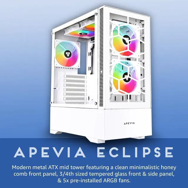 Alt view image 2 of 5 - Apevia Eclipse-WH Eclipse Mid Tower Gaming PC Case w/ 5X 120mm ARGB Fans, 366 RGB Light Modes, Minimalistic Honeycomb Design, Tempered Glass Front & Side Panels, 1X USB3.0, 2X USB2.0, White
