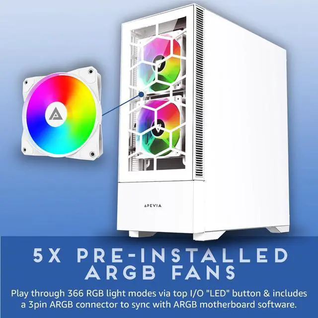 Alt view image 3 of 5 - Apevia Eclipse-WH Eclipse Mid Tower Gaming PC Case w/ 5X 120mm ARGB Fans, 366 RGB Light Modes, Minimalistic Honeycomb Design, Tempered Glass Front & Side Panels, 1X USB3.0, 2X USB2.0, White
