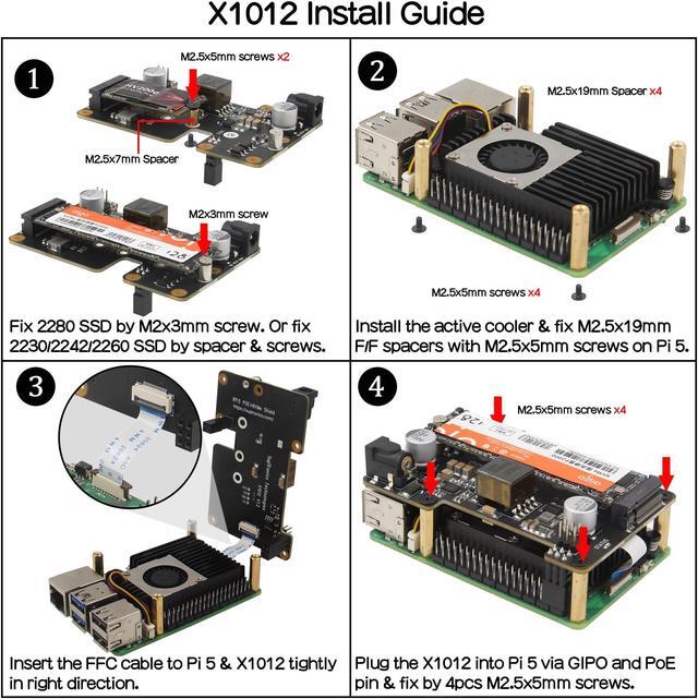 Alt view image 5 of 5 - Geekworm X1012 PCIe to M.2 HAT Key-M NVMe SSD and POE Shield+Metal Case P579+Active Cooler H505 for Raspberry Pi 5