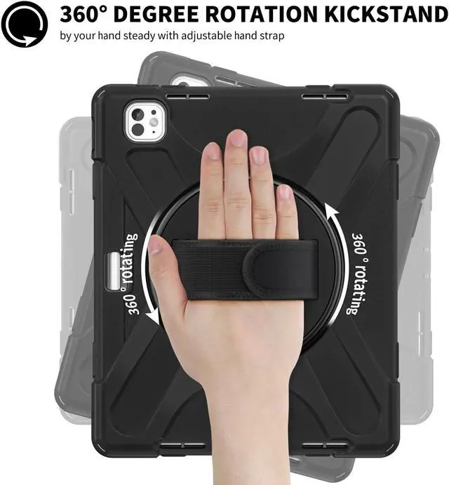 Alt view image 3 of 5 - Batianda Case for iPad Pro 13-inch (2024) M4 Chip Model A2925 Heavy Duty Rugged Durability Silicone Tablet Cover with 360° Rotating Hand Strap Foldable Hidden Stand & Shoulder Strap, Black