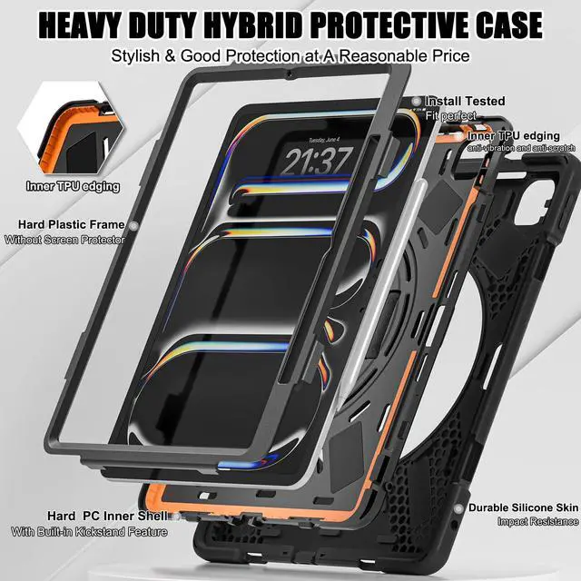 Alt view image 2 of 5 - Batianda Case for iPad Pro 13-inch (2024) M4 Chip Model A2925 Heavy Duty Rugged Durability Silicone Tablet Cover with 360° Rotating Hand Strap Foldable Hidden Stand & Shoulder Strap, Black