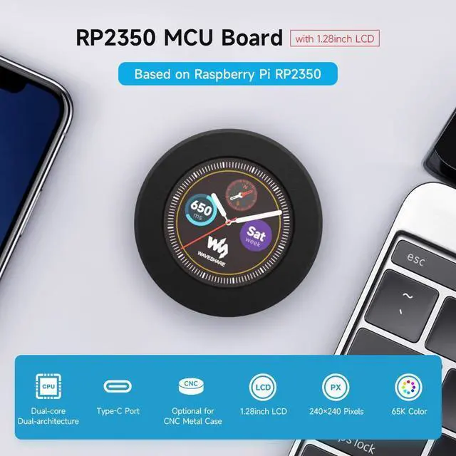 Alt view image 3 of 5 - Waveshare RP2350 MCU Board, with 1.28inch Round LCD, Dual-core & Dual-Architecture Design, 240×240 Pixels, 65K Color, IPS Panel, with CNC Metal Case,no Touch