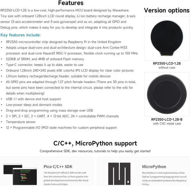 Alt view image 4 of 5 - Waveshare RP2350 MCU Board, with 1.28inch Round LCD, Dual-core & Dual-Architecture Design, 240×240 Pixels, 65K Color, IPS Panel, with CNC Metal Case,no Touch