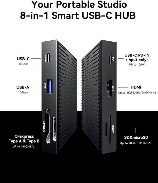 Alt view image 2 of 5 - DOCKCASE Smart 8-in-1 CFexpress Type B/Type A Card Reader with Touch Screen | UHS-II SD/microSD Slots, 4K HDMI, USB-C & USB-A 3.2 Gen 2 (10Gbps), 100W PD for Filmmakers, Photographers & Creators