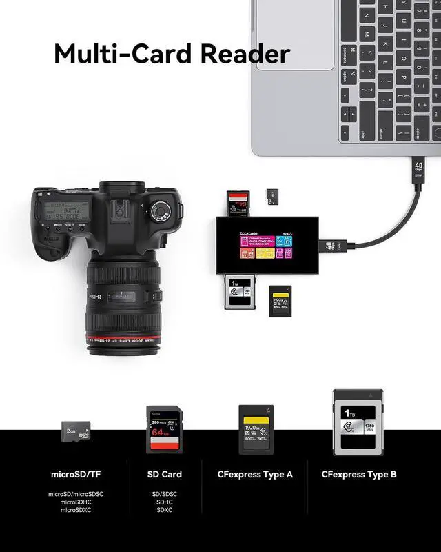 Alt view image 4 of 5 - DOCKCASE Smart 8-in-1 CFexpress Type B/Type A Card Reader with Touch Screen | UHS-II SD/microSD Slots, 4K HDMI, USB-C & USB-A 3.2 Gen 2 (10Gbps), 100W PD for Filmmakers, Photographers & Creators