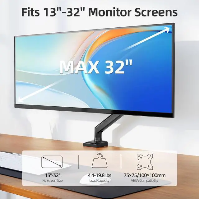 Alt view image 2 of 5 - Monitor Arm for 13-32 inch Screens, Monitor Desk Mount, Adjustable Height, VESA Mount with Clamp & Grommet Bases, Freelift Black
