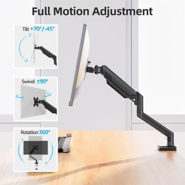 Alt view image 4 of 5 - Monitor Arm for 13-32 inch Screens, Monitor Desk Mount, Adjustable Height, VESA Mount with Clamp & Grommet Bases, Freelift Black