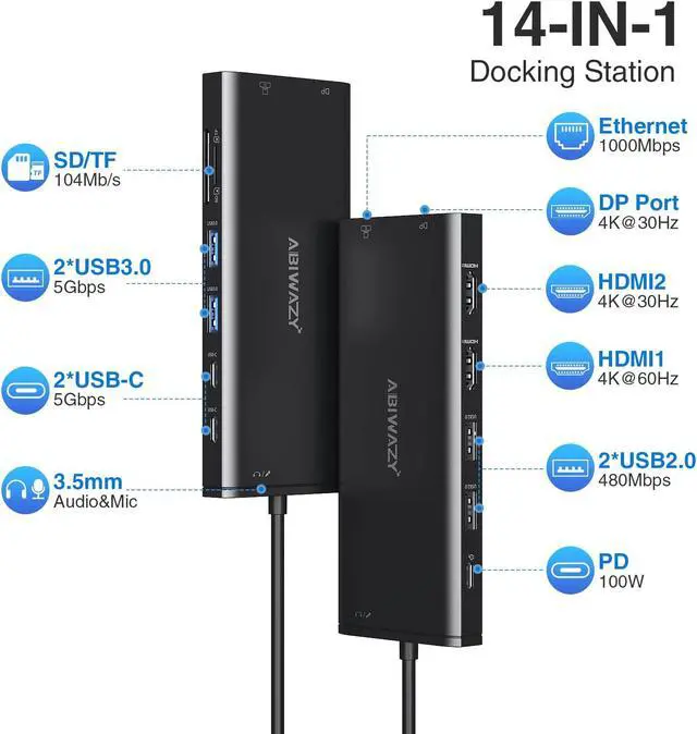 Alt view image 2 of 5 - USB C Docking Station 3 Monitors USBC Hub Laptop Dual Monitor Multiport Adapter Dock Dongle,USBC to 2 HDMI,4K DisplayPort,PD Charging,Ethernet,7 USB-C/A Ports,SD/TF,Audio for Dell/HP/Lenovo(Black)