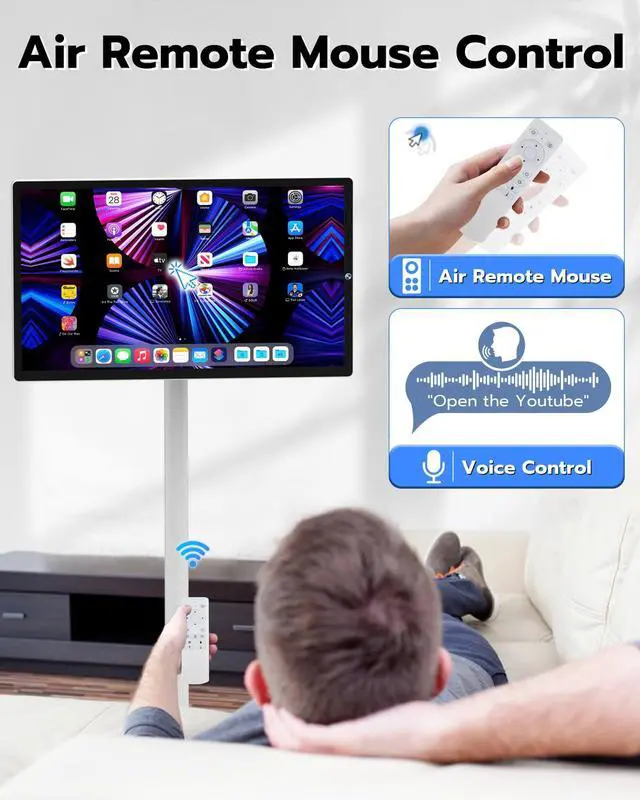 Alt view image 3 of 5 - 24-inch Wireless Touch Screen Mobile Movable Rolling TV, Anweller 24" Touchscreen Portable Smart Monitor with Stand on Wheels, 8-Core CPU + 8GB RAM + 128GB Storage, Built-in Battery, 60Hz Refresh Rate