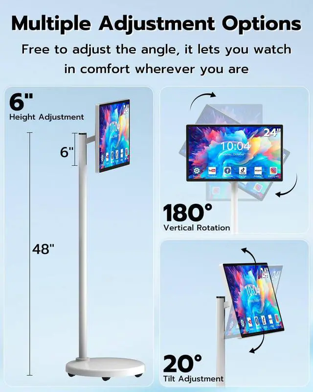 Alt view image 5 of 5 - 24-inch Wireless Touch Screen Mobile Movable Rolling TV, Anweller 24" Touchscreen Portable Smart Monitor with Stand on Wheels, 8-Core CPU + 8GB RAM + 128GB Storage, Built-in Battery, 60Hz Refresh Rate