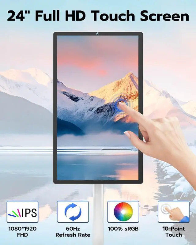 Alt view image 2 of 5 - 24-inch Wireless Touch Screen Mobile Movable Rolling TV, Anweller 24" Touchscreen Portable Smart Monitor with Stand on Wheels, 8-Core CPU + 8GB RAM + 128GB Storage, Built-in Battery, 60Hz Refresh Rate