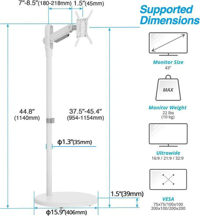 Alt view image 3 of 5 - AVLT Single 17"-43" Inch Portable Monitor Arm TV Rolling Stand With Heavy Base for Screens Up to 22 lbs, Mechanical Spring Height Adjustment, Screen Rotation, Low Profile Base with Caster Wheel, White
