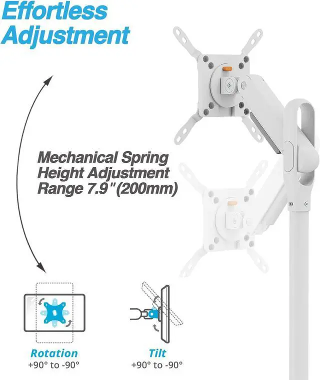 Alt view image 4 of 5 - AVLT Single 17"-43" Inch Portable Monitor Arm TV Rolling Stand With Heavy Base for Screens Up to 22 lbs, Mechanical Spring Height Adjustment, Screen Rotation, Low Profile Base with Caster Wheel, White