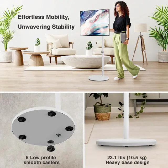 Alt view image 5 of 5 - AVLT Single 17"-43" Inch Portable Monitor Arm TV Rolling Stand With Heavy Base for Screens Up to 22 lbs, Mechanical Spring Height Adjustment, Screen Rotation, Low Profile Base with Caster Wheel, White
