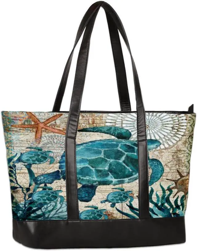 Main image of Large Tote Bag for Women Travel Beach Shoulder Bag with Zipper 15.6'' Laptop Bag Tote Handbag Ocean Turtle Pattern