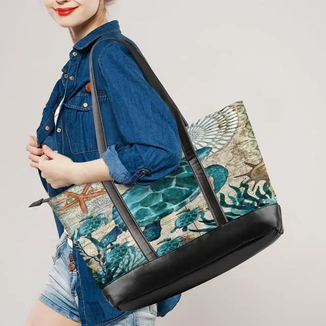 Alt view image 2 of 5 - Large Tote Bag for Women Travel Beach Shoulder Bag with Zipper 15.6'' Laptop Bag Tote Handbag Ocean Turtle Pattern
