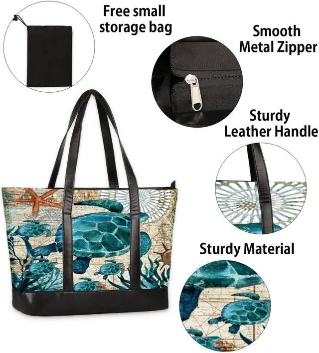 Alt view image 4 of 5 - Large Tote Bag for Women Travel Beach Shoulder Bag with Zipper 15.6'' Laptop Bag Tote Handbag Ocean Turtle Pattern