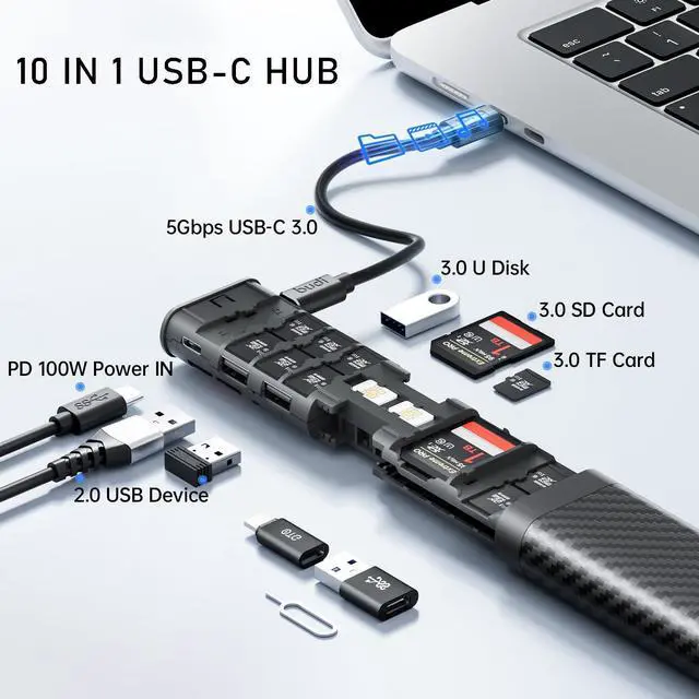 Alt view image 2 of 5 - Multifunctional 10 in 1 USB C Hub 3.0 and Ultra-Slim SD Card Reader for iPhone Android and Computer with Micro SD Memory Card Case USB C Cable Memory Stick Plug and Play (HUB)