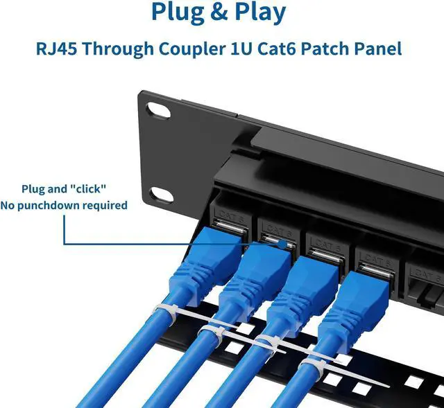 Alt view image 4 of 5 - CableGeeker Patch Panel 24 Port Cat6 with RJ45 Pass-Thru Coupler Keystone, 1U Network Patch Panel UTP 19-Inch with Removable Back Bar, Wallmount or Rackmount, Compatible with Cat6, Cat5e, Cat5 Cabling