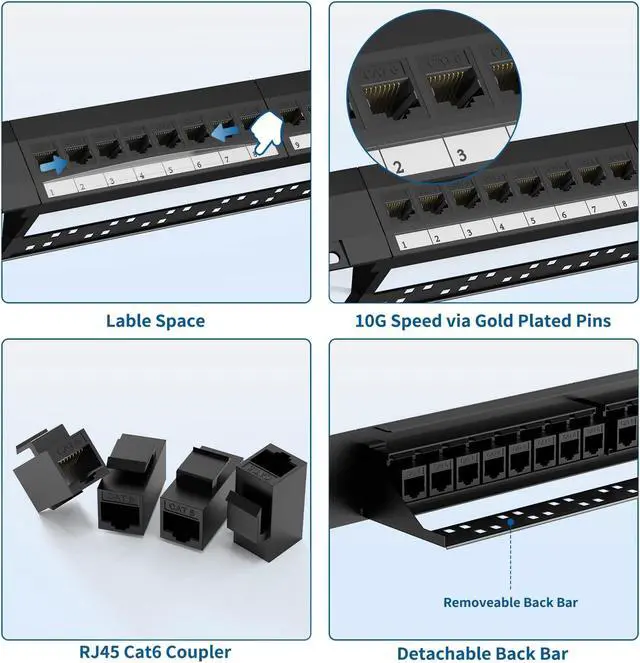 Alt view image 5 of 5 - CableGeeker Patch Panel 24 Port Cat6 with RJ45 Pass-Thru Coupler Keystone, 1U Network Patch Panel UTP 19-Inch with Removable Back Bar, Wallmount or Rackmount, Compatible with Cat6, Cat5e, Cat5 Cabling