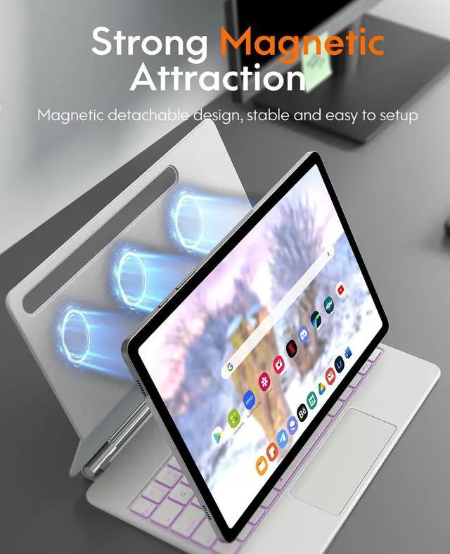 Alt view image 3 of 5 - CHESONA Keyboard Case for Samsung Galaxy Tab S10+ Plus/S9+ Plus/S9 FE+ Plus/S8+ Plus/S7+ Plus/S7 FE 12.4", Floating Cantilever Magnetic Stand, Touchpad & Backlit, Pen Holder & Battery Display, White