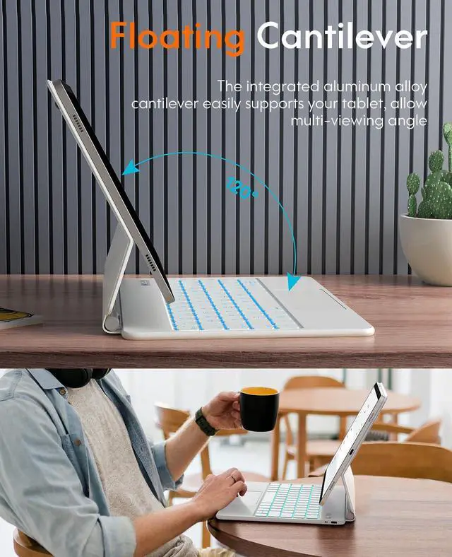Alt view image 4 of 5 - CHESONA Keyboard Case for Samsung Galaxy Tab S10+ Plus/S9+ Plus/S9 FE+ Plus/S8+ Plus/S7+ Plus/S7 FE 12.4", Floating Cantilever Magnetic Stand, Touchpad & Backlit, Pen Holder & Battery Display, White