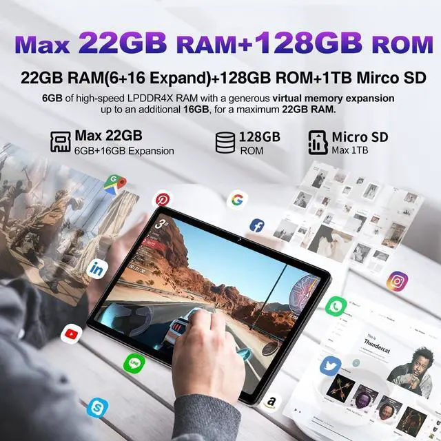 Alt view image 2 of 5 - DMOAO Android Tablet 2025 Tablets with 22GB RAM+128GB ROM/ 1TB Expand, 8000mAh Battery, Octa-Core 2.0GHz CPU, 5G WiFi, GPS, 10.1 Inch FHD IPS 2 in 1 Tablet PC with Keyboard/Mouse-Gray