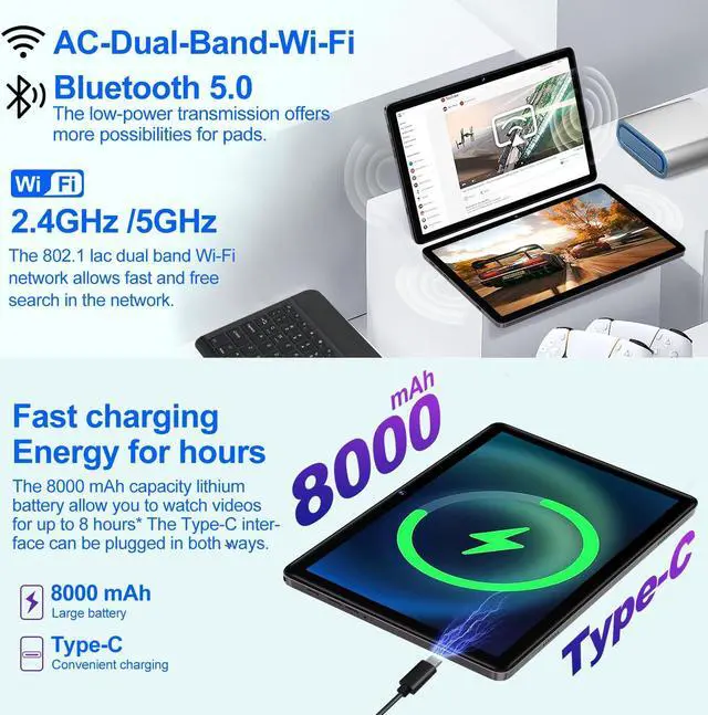 Alt view image 5 of 5 - DMOAO Android Tablet 2025 Tablets with 22GB RAM+128GB ROM/ 1TB Expand, 8000mAh Battery, Octa-Core 2.0GHz CPU, 5G WiFi, GPS, 10.1 Inch FHD IPS 2 in 1 Tablet PC with Keyboard/Mouse-Gray