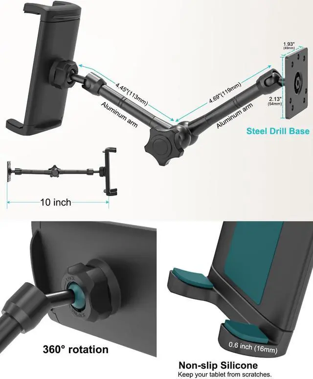 Alt view image 5 of 5 - Dosvsi Tablet Wall Holder, Metal Magic Arm Tablet Wall Mount, Drill Base Phone Wall Stand for Kitchen/Office/Kiosk, Fits iPad Pro 12.9 Air Mini, Galaxy Tab/Z Fold/Z Flip, iPhone, 4-13" Devices