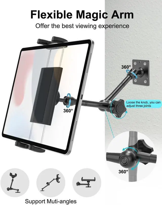Alt view image 4 of 5 - Dosvsi Tablet Wall Holder, Metal Magic Arm Tablet Wall Mount, Drill Base Phone Wall Stand for Kitchen/Office/Kiosk, Fits iPad Pro 12.9 Air Mini, Galaxy Tab/Z Fold/Z Flip, iPhone, 4-13" Devices