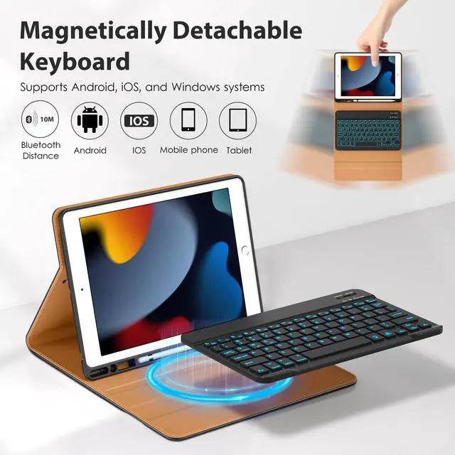 Alt view image 3 of 5 - DTTO for iPad 9th/8th/7th Generation 10.2 Inch Case 2021/2020/2019 with Keyboard, 7 Colors Backlit Wireless Detachable Keyboard Premium Leather Folio Cover with Pencil Holder & Pocket, Black