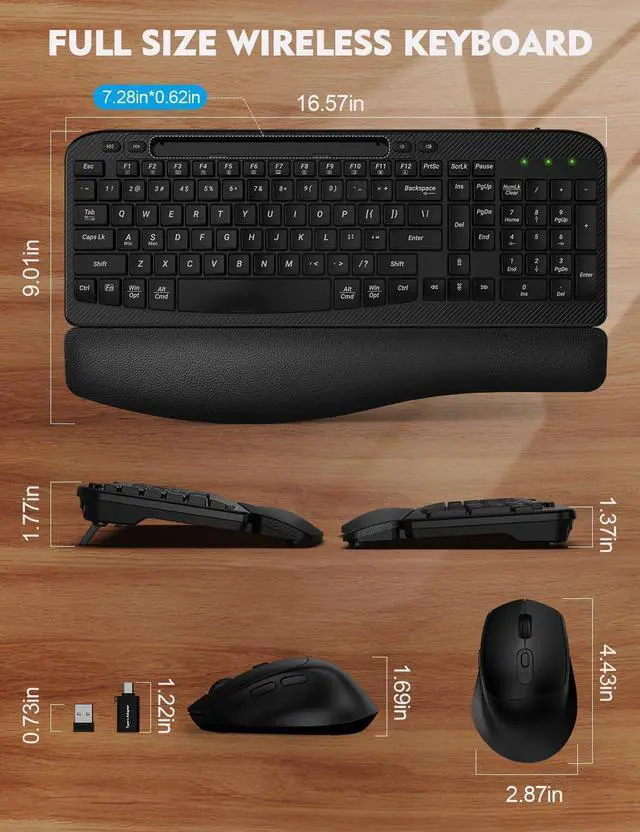 Alt view image 4 of 5 - Wireless Keyboard and Mouse Combo, Wave Keys Full-Sized Ergonomic Keyboard with Cushioned Plam Rest, Phone Holder, Comfortable Natural Typing, 2.4G Cordless Set for Computer, Laptop, PC, Mac, Windows