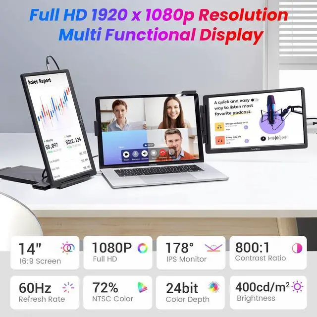 Alt view image 4 of 5 - FamilyKit Laptop Screen Extender, 14" 1080P CrowView Laptop Monitor Extender, FHD Portable Monitor for Laptop (13"-16.5"), Compatible with Android Mac Wins