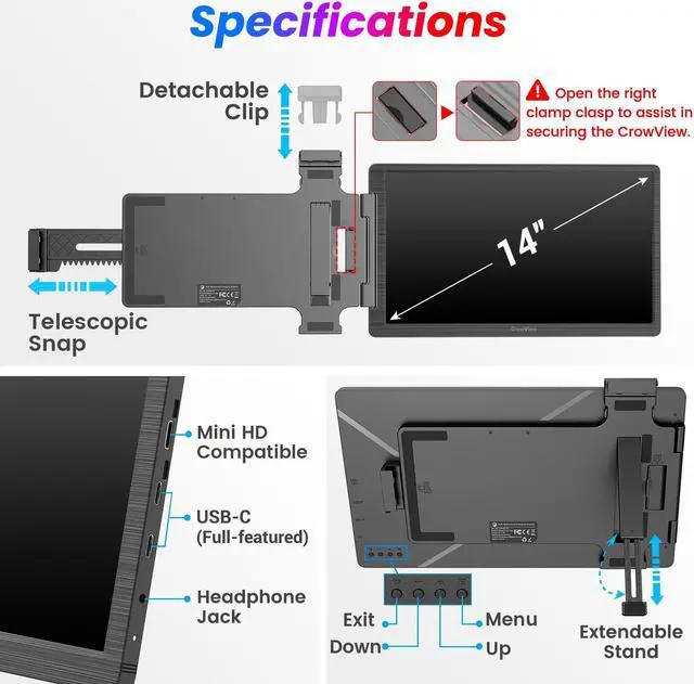 Alt view image 5 of 5 - FamilyKit Laptop Screen Extender, 14" 1080P CrowView Laptop Monitor Extender, FHD Portable Monitor for Laptop (13"-16.5"), Compatible with Android Mac Wins
