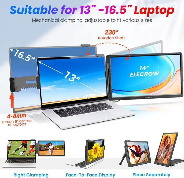 Alt view image 2 of 5 - FamilyKit Laptop Screen Extender, 14" 1080P CrowView Laptop Monitor Extender, FHD Portable Monitor for Laptop (13"-16.5"), Compatible with Android Mac Wins