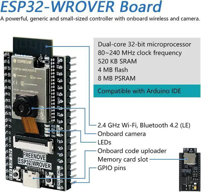 Alt view image 3 of 5 - Freenove Super Starter Kit for ESP32-WROVER CAM (Included), Dual-core 32-bit 240 MHz Microcontroller, Onboard Camera Wireless, Python C Code, 522-Page Detailed Tutorial, 173 Items, 78 Projects