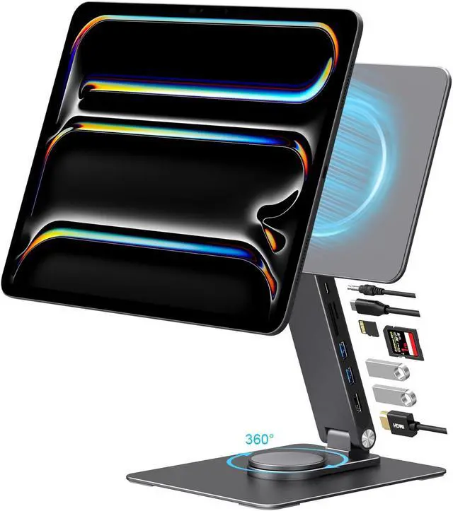 Main image of GEWOKLIY iPad Pro Magnetic Stand Hub for iPad Pro 13 inch (M4) 2024, Foldable Stand Dock Holder with 360 Rotation, 4K HDMI, Card Readers, USB3.0 5Gbps, 100W PD, 3.5mm Audio