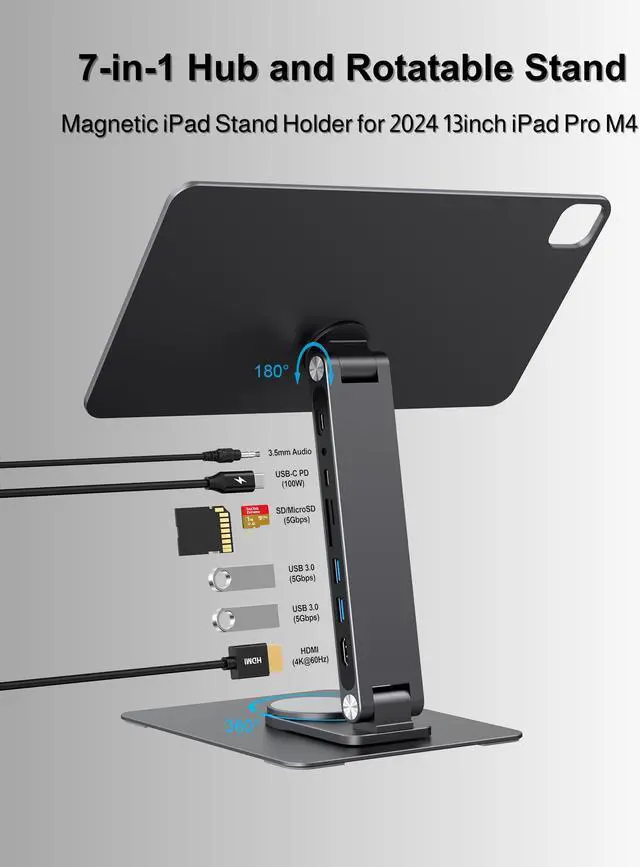 Alt view image 2 of 5 - GEWOKLIY iPad Pro Magnetic Stand Hub for iPad Pro 13 inch (M4) 2024, Foldable Stand Dock Holder with 360 Rotation, 4K HDMI, Card Readers, USB3.0 5Gbps, 100W PD, 3.5mm Audio