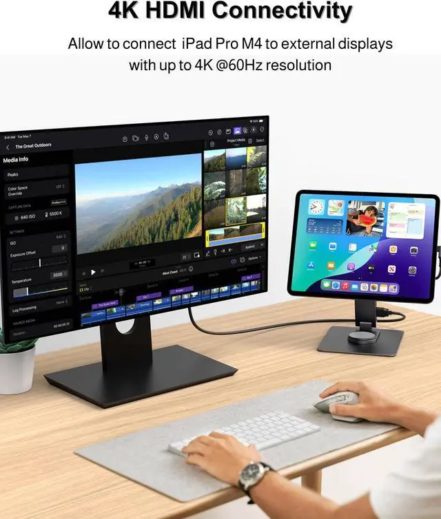 Alt view image 5 of 5 - GEWOKLIY iPad Pro Magnetic Stand Hub for iPad Pro 13 inch (M4) 2024, Foldable Stand Dock Holder with 360 Rotation, 4K HDMI, Card Readers, USB3.0 5Gbps, 100W PD, 3.5mm Audio