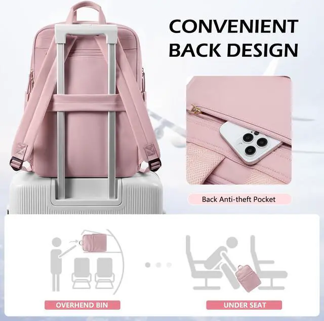 Alt view image 5 of 5 - GOLF QUALITY Slim Laptop Backpack for Women, Lightweight Business Backpack for Women Computer Bag Purse for Commuting, Fit 17.3 Inch, Pink