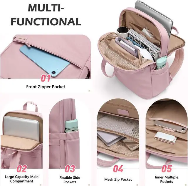 Alt view image 3 of 5 - GOLF QUALITY Slim Laptop Backpack for Women, Lightweight Business Backpack for Women Computer Bag Purse for Commuting, Fit 17.3 Inch, Pink