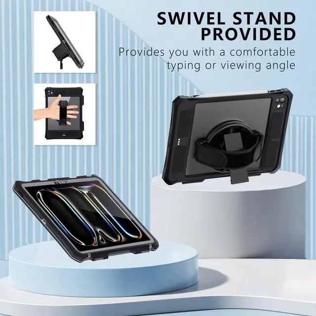 Alt view image 5 of 5 - Case for iPad Pro 11 Inch 2024 5th Generation with Screen Protector, Waterproof Case for iPad Pro 11 M4 2024 with Pencil Holder & Stand & Shoulder Strap & Handle, Full-Body Rugged Cover, Black