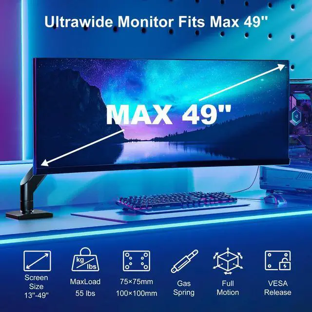 Alt view image 3 of 5 - HIPPOFLEX Heavy Duty Ultrawide Monitor Arm for 49 inch Screens up to 50 lbs, Premium Desk Mount Monitor Stand Designed for Samsung Odyssey G9 and More, Max VESA 100x100, Black