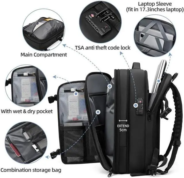 Alt view image 3 of 5 - Men Travel Backpack vacuum compression Laptop Backpack Large Capacity Backpack 17 inch Extended Hiking Business backpack (black)