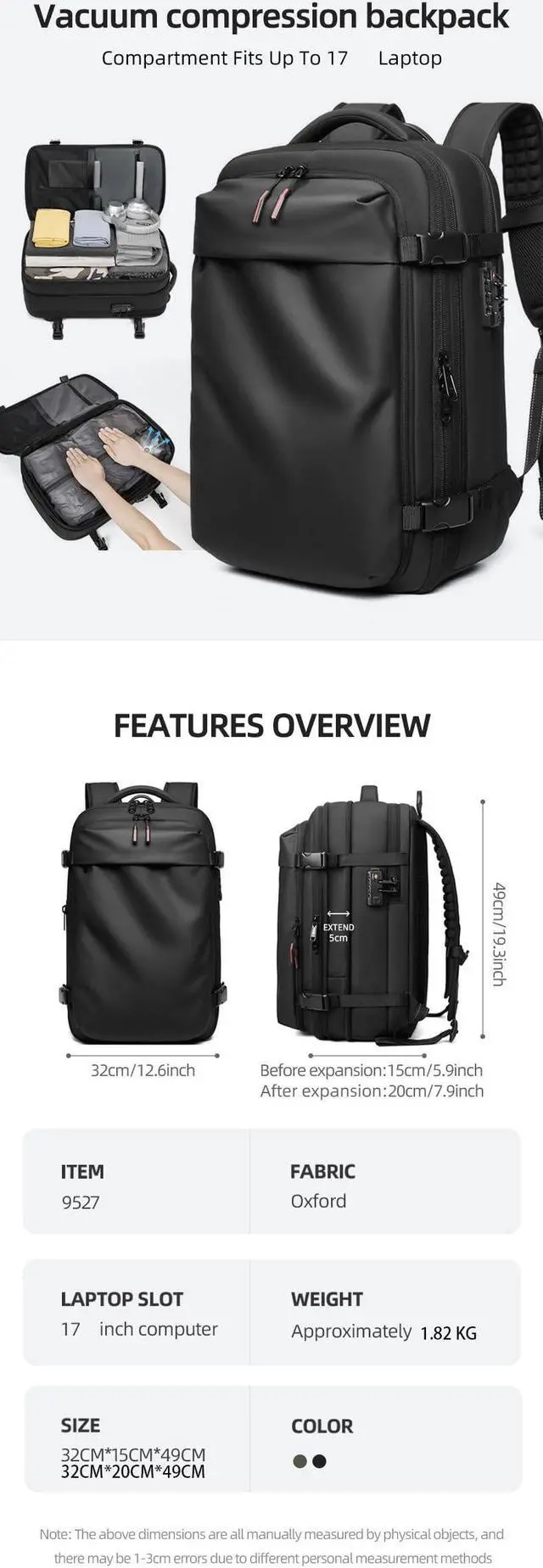 Alt view image 2 of 5 - Men Travel Backpack vacuum compression Laptop Backpack Large Capacity Backpack 17 inch Extended Hiking Business backpack (black)