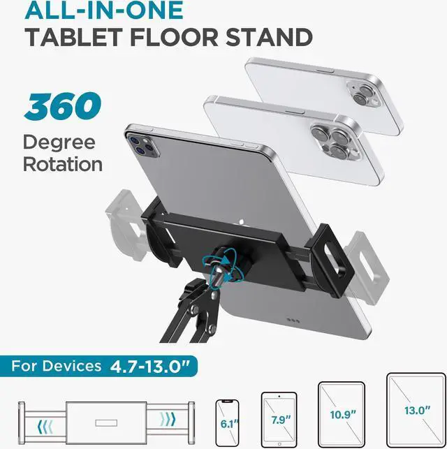 Alt view image 4 of 5 - InnoGear Tablet Floor Stand, Overhead Bed Phone Stand Adjustable Holder Universal Floor Stand Compatible with iPhone iPad Pro Air Mini, Samsung Tab, Kindle, E-Readers (Large)