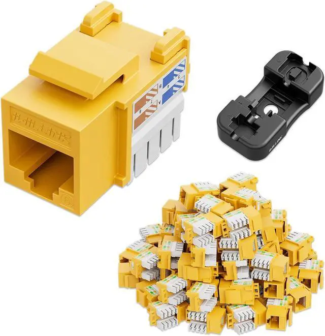 Main image of iwillink 10Gbps Cat6 Keystone Jack and Punch-Down Stand, 50-Pack, RJ45 Ethernet Keystone Jacks, 90-Degree UTP Modular Punch Down Keystone Jack Adapter, Yellow