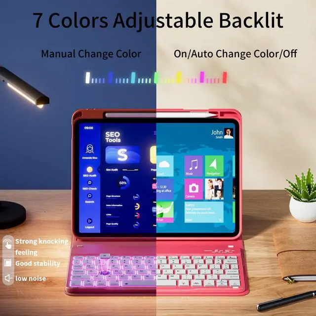 Alt view image 3 of 5 - kenke for iPad 11/10th Gen Case with Keyboard 11/10.9 inch 2025 A16/2022, 7 Colors Backlit Wireless Detachable Folio Bluetooth Keyboard Cover Thin & Light with Pencil Holder, Square Keycaps, Hot Pink