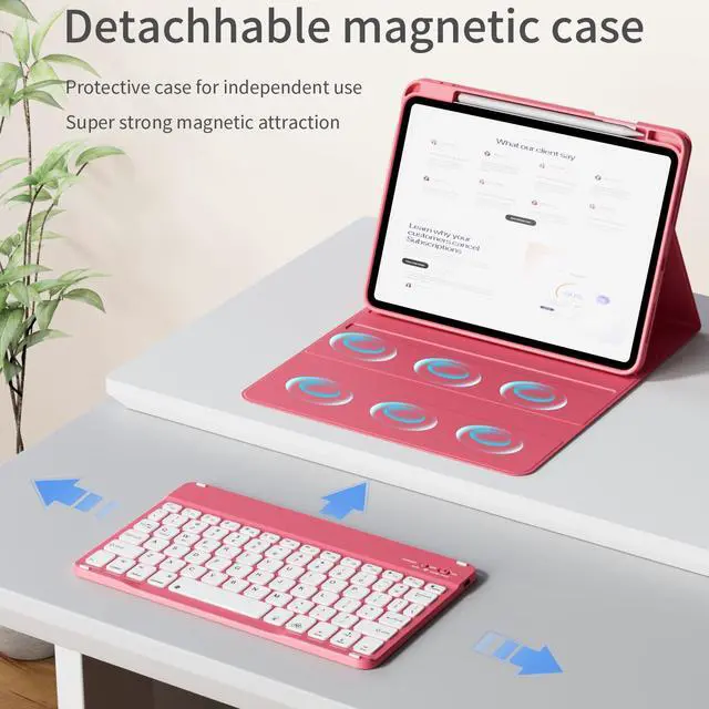 Alt view image 4 of 5 - kenke for iPad 11/10th Gen Case with Keyboard 11/10.9 inch 2025 A16/2022, 7 Colors Backlit Wireless Detachable Folio Bluetooth Keyboard Cover Thin & Light with Pencil Holder, Square Keycaps, Hot Pink